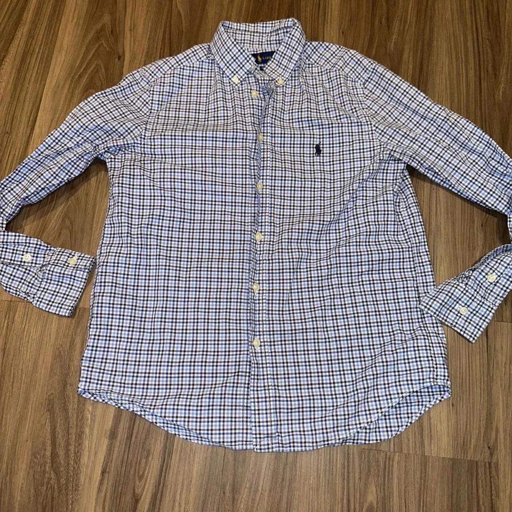 Ralph Lauren Button Down Shirt Natural Stretch Checkered Plaid L (14-16)